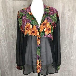 Vintage Pariscope floral sheer long sleeve blouse with tropical floral top lg